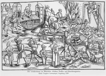 Zwyczajowe kary w Niemczech w średniowieczu, ilustracja z Laienspiegel Ulricha Tenglera, wydanego w Augsburgu w 1509 roku
